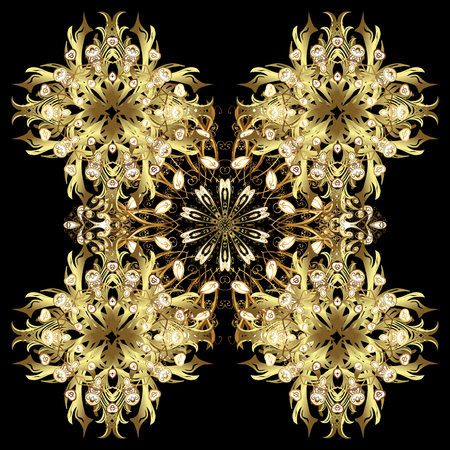 Stock vector illustration falling snow. Snowflakes, snowfall in golden colors on a black background. Design.のイラスト素材