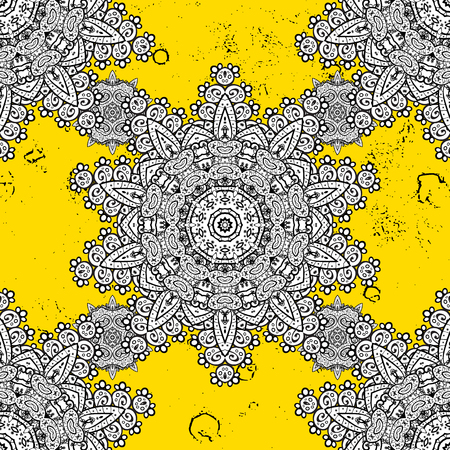 Vector golden mehndi pattern. Ornamental floral elements with henna tattoo, golden stickers, mehndi and yoga design, cards and prints. Pattern on yellow background with golden elements.のイラスト素材