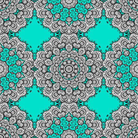 Ornate decoration. Golden pattern on a blue background with white elements. Luxury, royal and Victorian concept. Vector vintage baroque floral seamless pattern in white.のイラスト素材