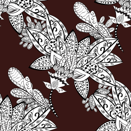 Seamless white textured curls. Brown background with gray elements. Oriental style arabesques. Vector white pattern. Vector illustration.のイラスト素材