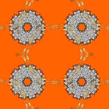 Damask golden floral pattern on a orange background with white doodles. Ornate decoration. Vector illustration.のイラスト素材