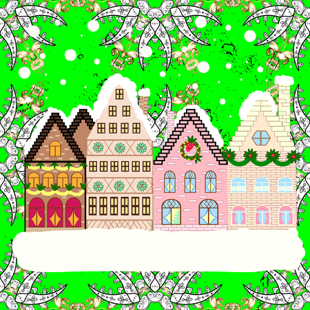 Holidays Vector illustration. Evening city winter landscape with snow cove houses and christmas tree.のイラスト素材