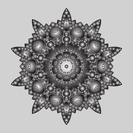 Vector illustration. Winter pattern on gray background. Simple snowflakes, floral elements, decorative ornament. Arab, Asian, ottoman motifs in light colors.のイラスト素材