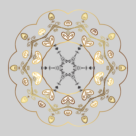 Vector abstract design in colors. Golden elements with doodles. Snowflakes and dots on gray background.のイラスト素材