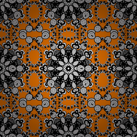 White snowflakes on orange background. Winter snow texture sketch. Christmas white snowflake seamless pattern. Symbol holiday, New Year celebration vector white pattern.のイラスト素材