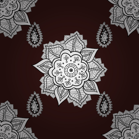 Seamless royal luxury white baroque damask vintage. Vector seamless pattern with gray antique floral medieval decorative, leaves and white pattern ornaments on brown background.のイラスト素材