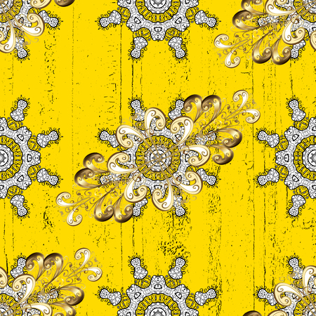 Vintage pattern on yellow background with golden elements. Christmas, snowflake, new year.のイラスト素材
