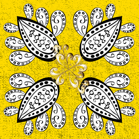 Ornamental lace tracery. Golden ornate illustration for sketch. Vector with floral ornament. Traditional arabic decor on yellow background. Vintage design element in Eastern style.のイラスト素材