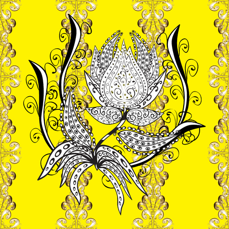 Seamless classic vector golden pattern. Traditional orient ornament, classic vintage background. Seamless pattern on yellow background with golden elements.のイラスト素材