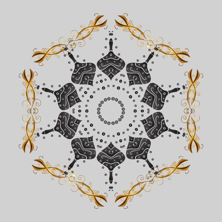 Vector with abstract hand drawn snowflakes design on a gray background. Golden elements with doodles, hand painted pattern.のイラスト素材