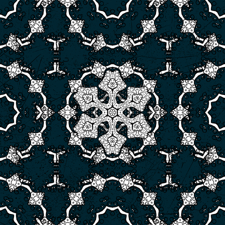 Classic vector white pattern. Floral ornament brocade textile pattern, glass, dim with floral pattern on blue background with white elements.のイラスト素材