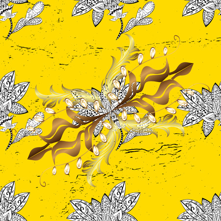 Vector pattern on yellow background with golden elements. Damask pattern for design.のイラスト素材