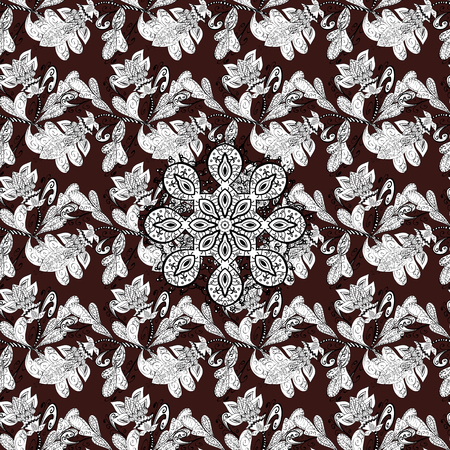 White floral ornament in baroque style. White element on brown background. Antique white repeatable sketch. Damask seamless pattern repeating background.のイラスト素材