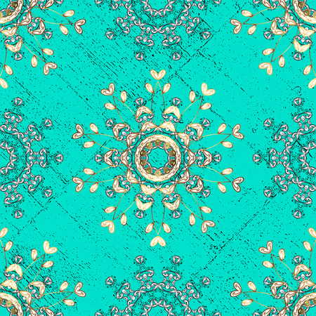 Vintage pattern on blue background with golden elements. Christmas, snowflake, new year.のイラスト素材