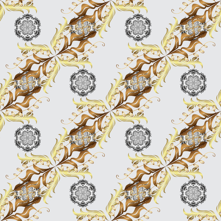 Vector pattern background sketch with gold antique floral medieval decorative flowers, leaves and gold pattern ornaments on gray background. Seamless royal luxury golden baroque damask vintage.のイラスト素材