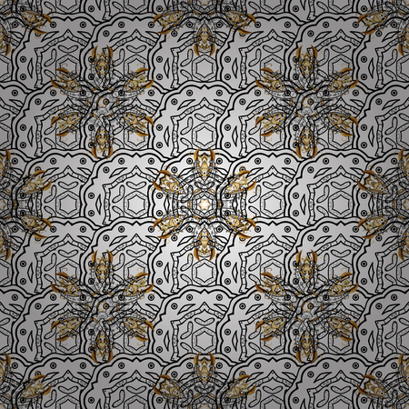 Oriental style arabesques. Gray background with golden elements. Vector golden pattern. Seamless golden textured curls. Vector illustration.のイラスト素材