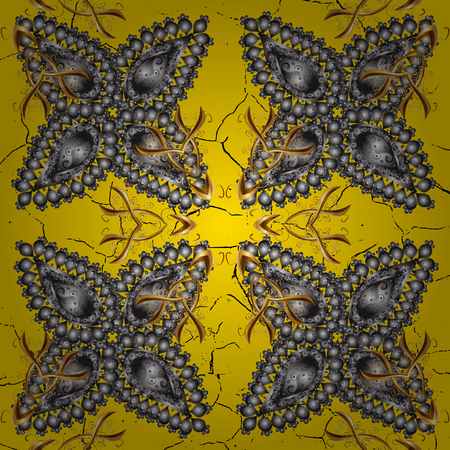 Hand drawn decorative frame, album cover, invitation, greeting card, vintage Art deco style. Vector abstract floral wreath from golden doodle fantasy leaves and flower on a yellow background.のイラスト素材