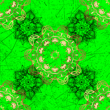 Vector vintage baroque floral pattern in gold. Luxury, royal and Victorian concept. Golden pattern on green background with golden elements. Ornate decoration.のイラスト素材