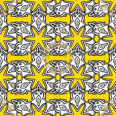 Vector background. Sketch baroque, damask. White elements on yellow background. Floral pattern. Stylish graphic pattern.のイラスト素材