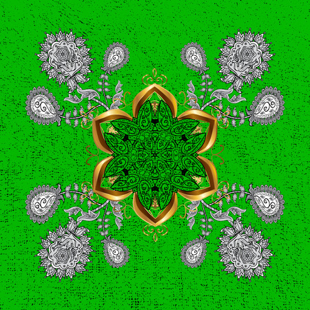 Luxury, royal and Victorian concept. Ornate vector decoration. Golden element on green background. Vintage baroque floral pattern in gold over green.のイラスト素材