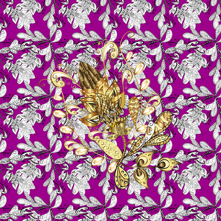 Vintage baroque floral seamless pattern in gold over magenta. Ornate vector decoration. Luxury, royal and Victorian concept. Golden element on magenta background.のイラスト素材