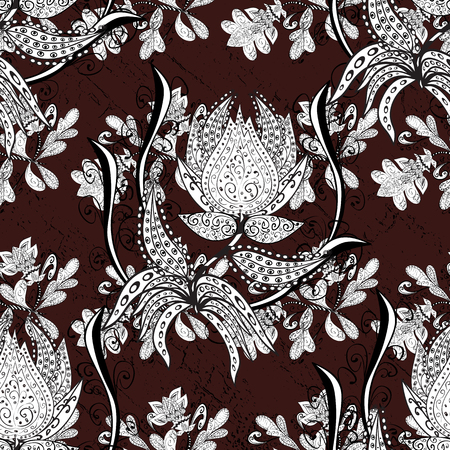 Seamless royal luxury white baroque damask vintage. Vector seamless pattern with white antique floral medieval decorative, leaves and white pattern ornaments on brown background.のイラスト素材