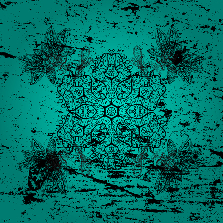 Vector black mehndi ornamental pattern. Ornamental floral elements with henna tattoo, dark stickers, mehndi and yoga design, cards and prints. Pattern on blue background.のイラスト素材