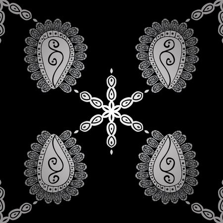 Vector oriental ornament. Seamless pattern on black background with white elements. Seamless white pattern.のイラスト素材