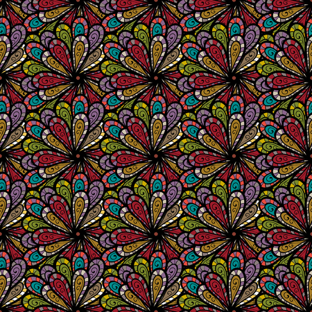 Background texture, sketch, floral theme in blue colors. Abstract ethnic vector seamless pattern.のイラスト素材