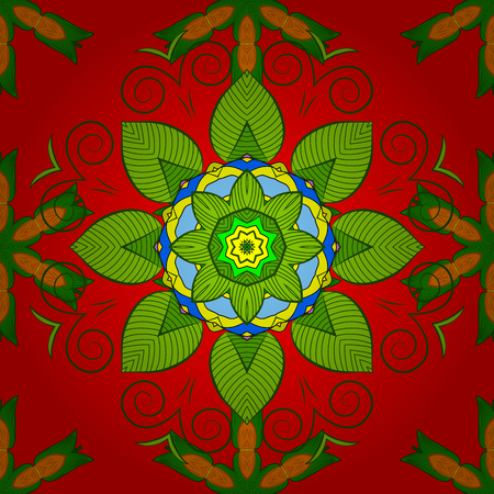 Hand-drawn colored mandala on a red background. Vector abstract pattern.のイラスト素材