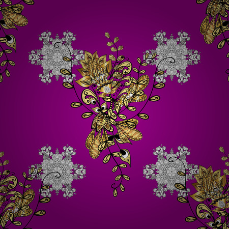 Golden pattern on magenta background with golden elements. Flat hand drawn vintage collection. Backdrop, fabric, gold sketch. Vector golden seamless pattern.のイラスト素材