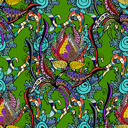 Vintage decorative elements. Vector seamless pattern tile with mandalas. Islam, Arabic, Indian, ottoman motifs. Hand drawn sketch on blue background. Perfect for printing on fabric or paper.のイラスト素材