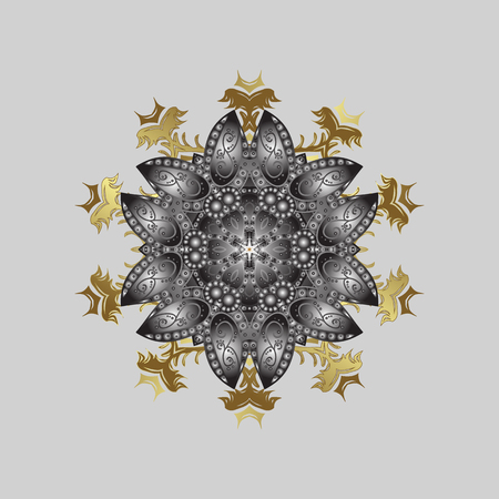 Snowflakes and dots on gray background. Vector abstract design in colors. Golden elements with doodles.のイラスト素材