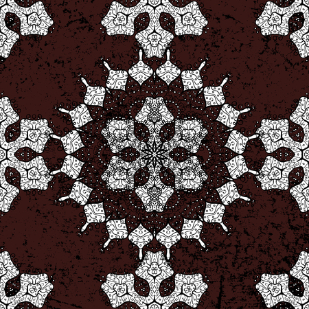 Seamless vintage pattern on brown background with white elements. Christmas, snowflake, new year 2018.のイラスト素材