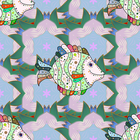 Art fish collection, sketch for your design.Sea fishes on colored background.のイラスト素材