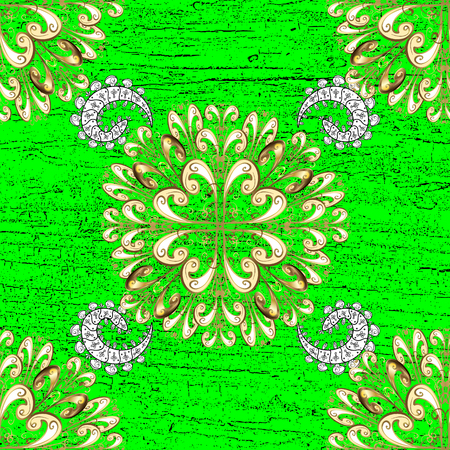 Damask pattern repeating background. Golden floral ornament in baroque style. Antique golden repeatable sketch.Golden element on green background.のイラスト素材