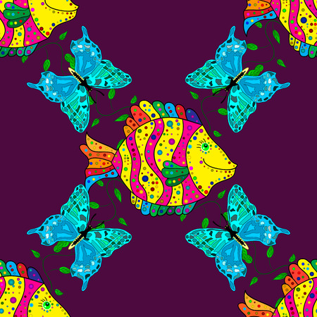 Stripe animals on lilac background. Aquarium. Tropical fish, sea fish. Cute fish Vector illustration. Blue butterflies.のイラスト素材
