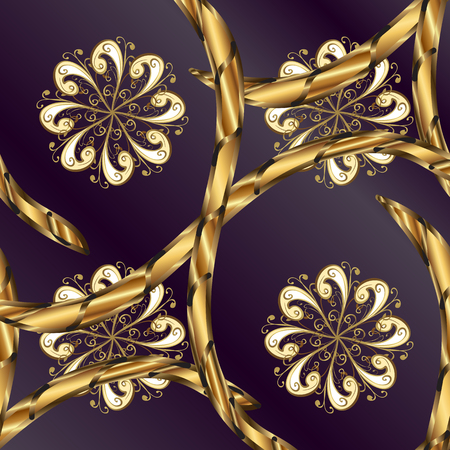 Eastern style element. Golden element on lilac and purple background. Golden outline floral decor. Vector illustration for invitations, cards, web page. Line art seamless border for design template.のイラスト素材