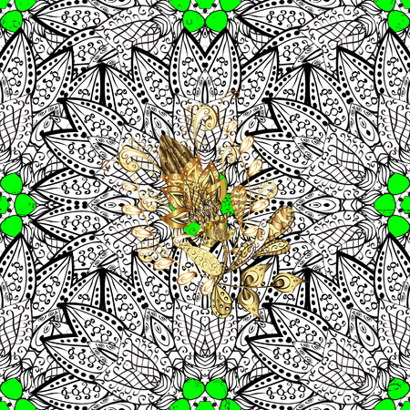Pattern medieval floral royal pattern. Decorative symmetry arabesque. White on green background. Good for greeting card for birthday, invitation or banner. Vector illustration.のイラスト素材