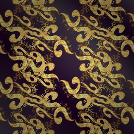 Classic vector golden. Floral ornament brocade textile pattern, glass, metal with floral pattern on purple and lilac background with golden elements.のイラスト素材