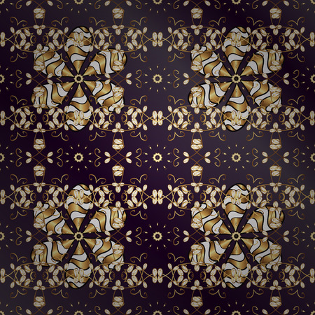 Vintage seamless pattern on a purple and lilac background with golden elements. Christmas 2018, snowflake, new year.のイラスト素材