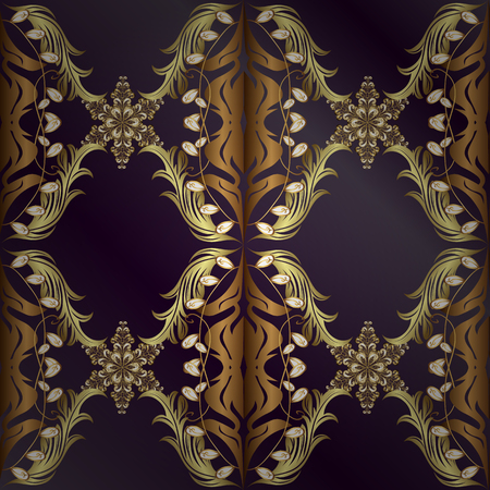 Golden elements in oriental style arabesques. Seamless golden textured curls. Seamless pattern on lilac and purple background. Vector golden seamless pattern.のイラスト素材