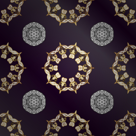 Gold template. Floral classic texture. Golden elements. Royal retro on purple and lilac background. Design vintage for card, sketch, wrapping, textile. Vector illustration.のイラスト素材