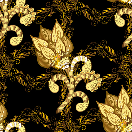 Gold metal with floral pattern. Vector golden floral ornament brocade textile and glass pattern. Black background with golden elements. Seamless golden pattern.のイラスト素材