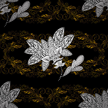 Seamless classic vector golden pattern. Floral ornament brocade textile pattern, glass, metal with floral pattern on black, white and brown colors with golden elements.のイラスト素材
