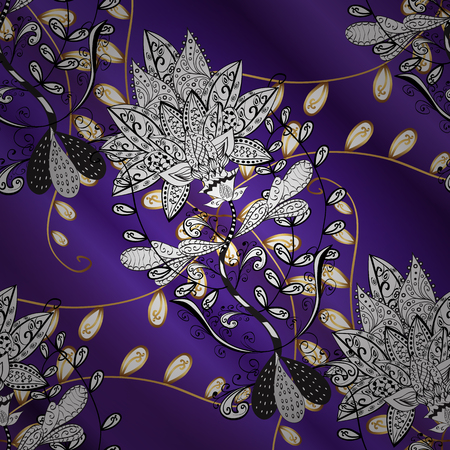 Ornate vector decoration. Ornamental damask pattern background for sketch design in the style of Baroque. Golden pattern on violet, white and black colors with golden elements.のイラスト素材