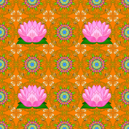 Gentle, spring floral background. Flowers on orange, green and pink colors. Vector floral pattern in doodle style with flowers.のイラスト素材