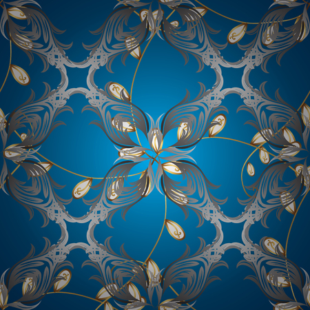 Antique golden repeatable sketch. Damask repeating pattern. Gold floral ornament in baroque style. Golden element on blue background.のイラスト素材