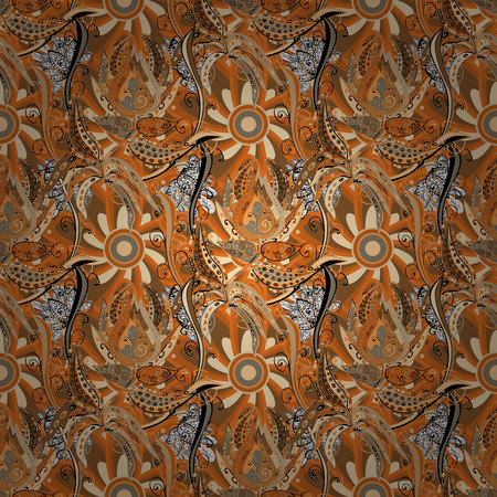 Flowers on orange, beige and brown colors. Fabric pattern texture daisy flowers detail.のイラスト素材