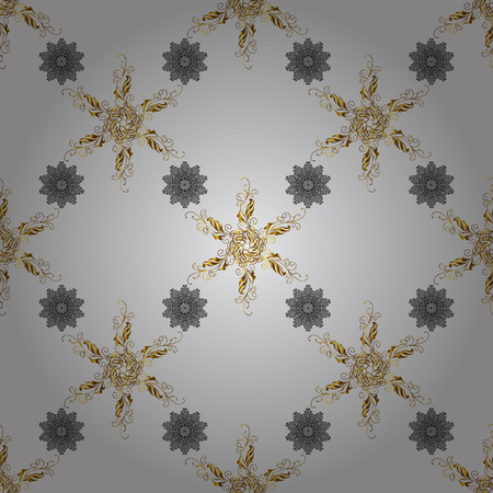 Christmas, snowflake, new year. Seamless vintage pattern on gray background with golden elements and with gray doodles.のイラスト素材